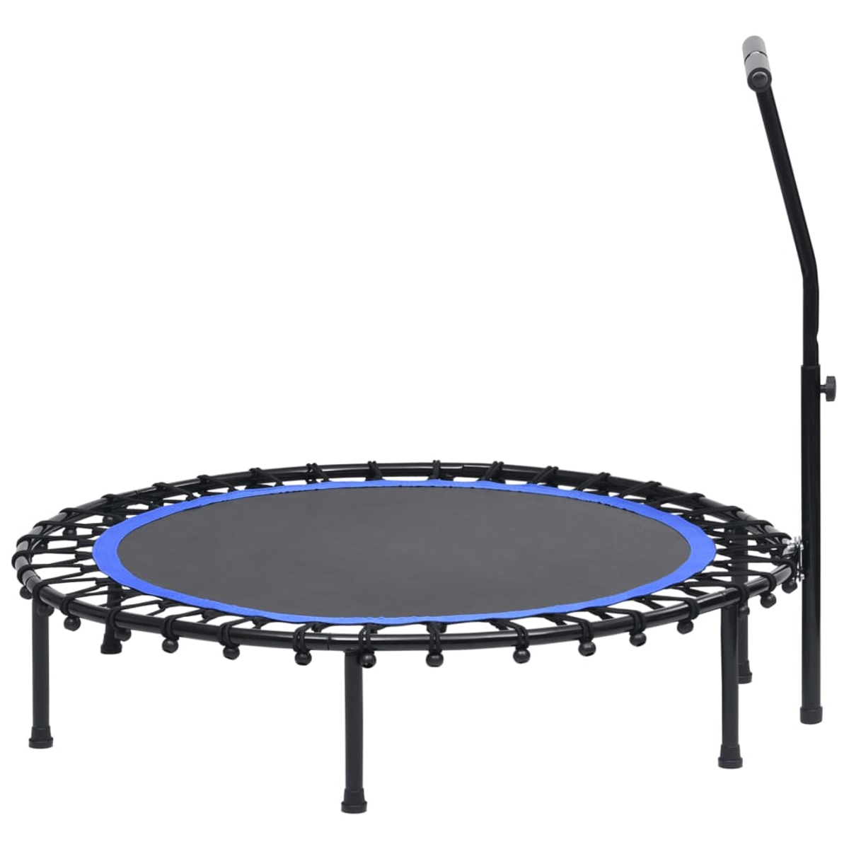 Un trampolino nero con bordo blu e maniglia.