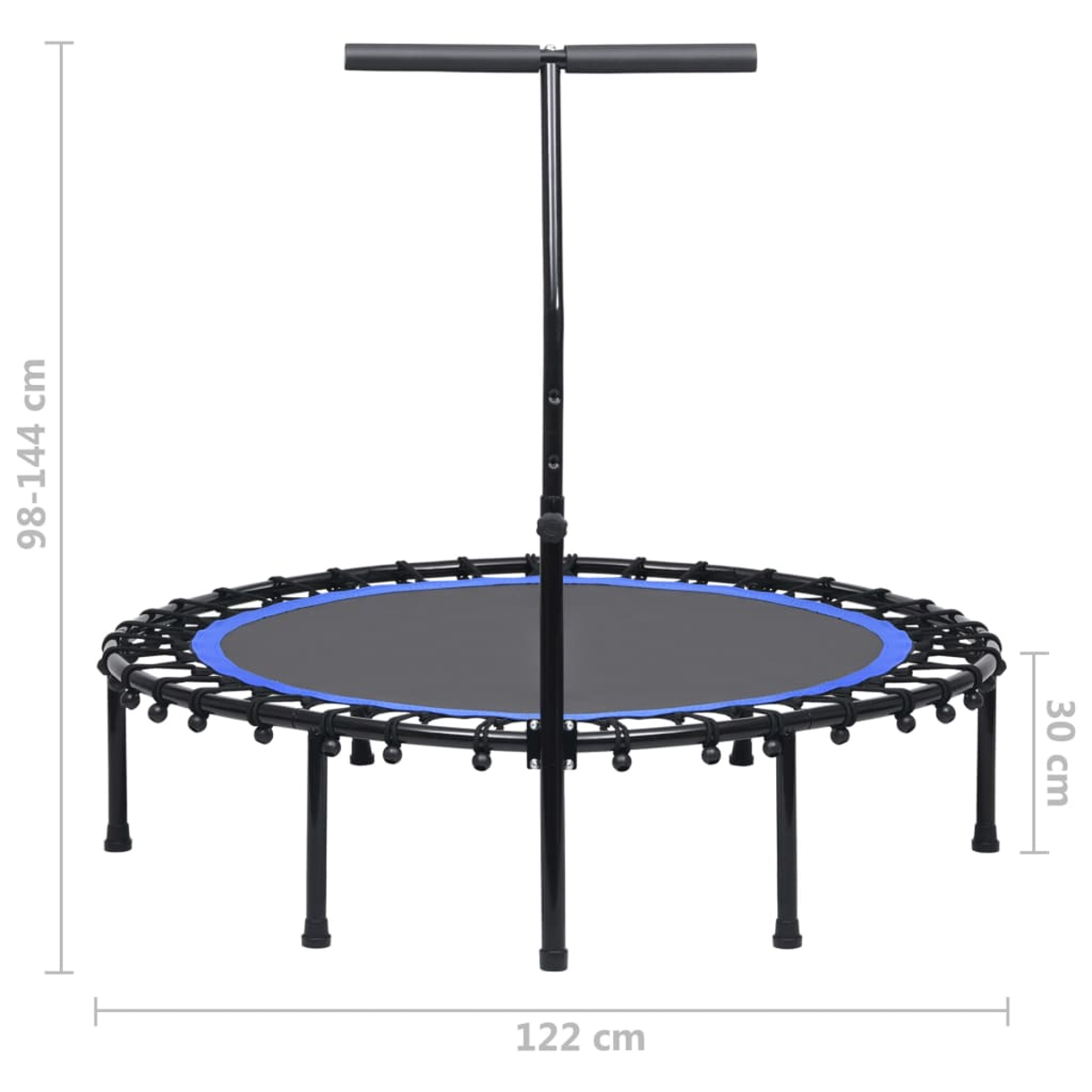 Un trampolino nero con bordo blu, maniglia e gambe. Vengono mostrate le dimensioni.