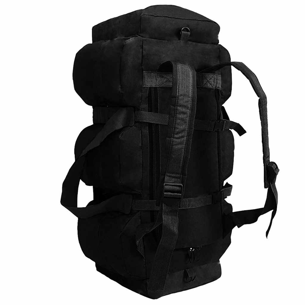 Ein großer, schwarzer Rucksack mit mehreren Fächern und Gurten, isoliert auf weißem Hintergrund.