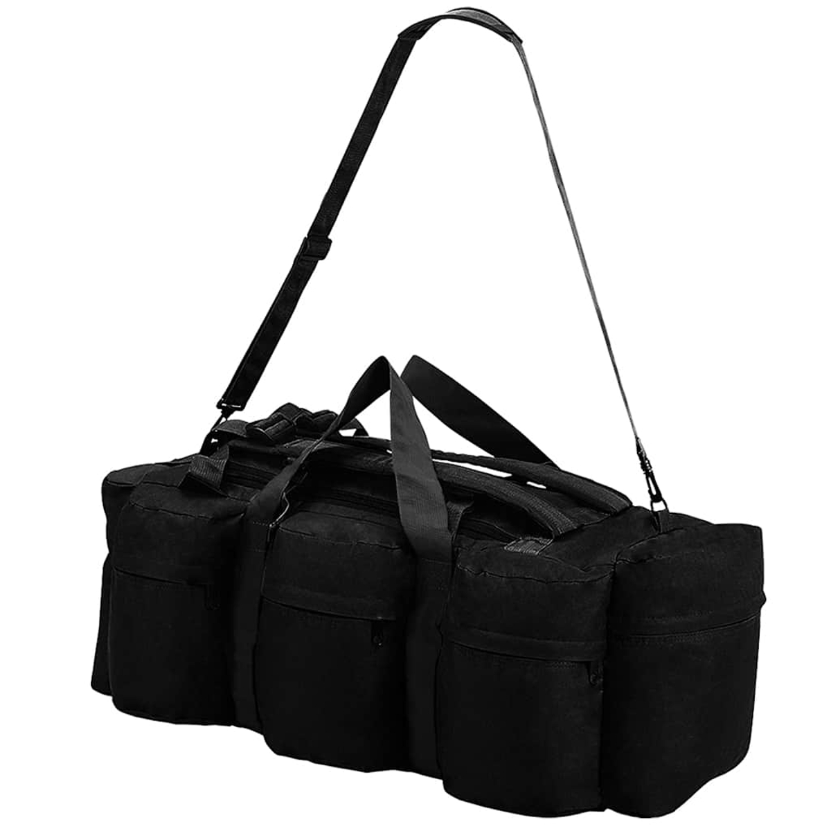 Schwarze Reisetasche mit vielen Außentaschen und Tragegriffen.