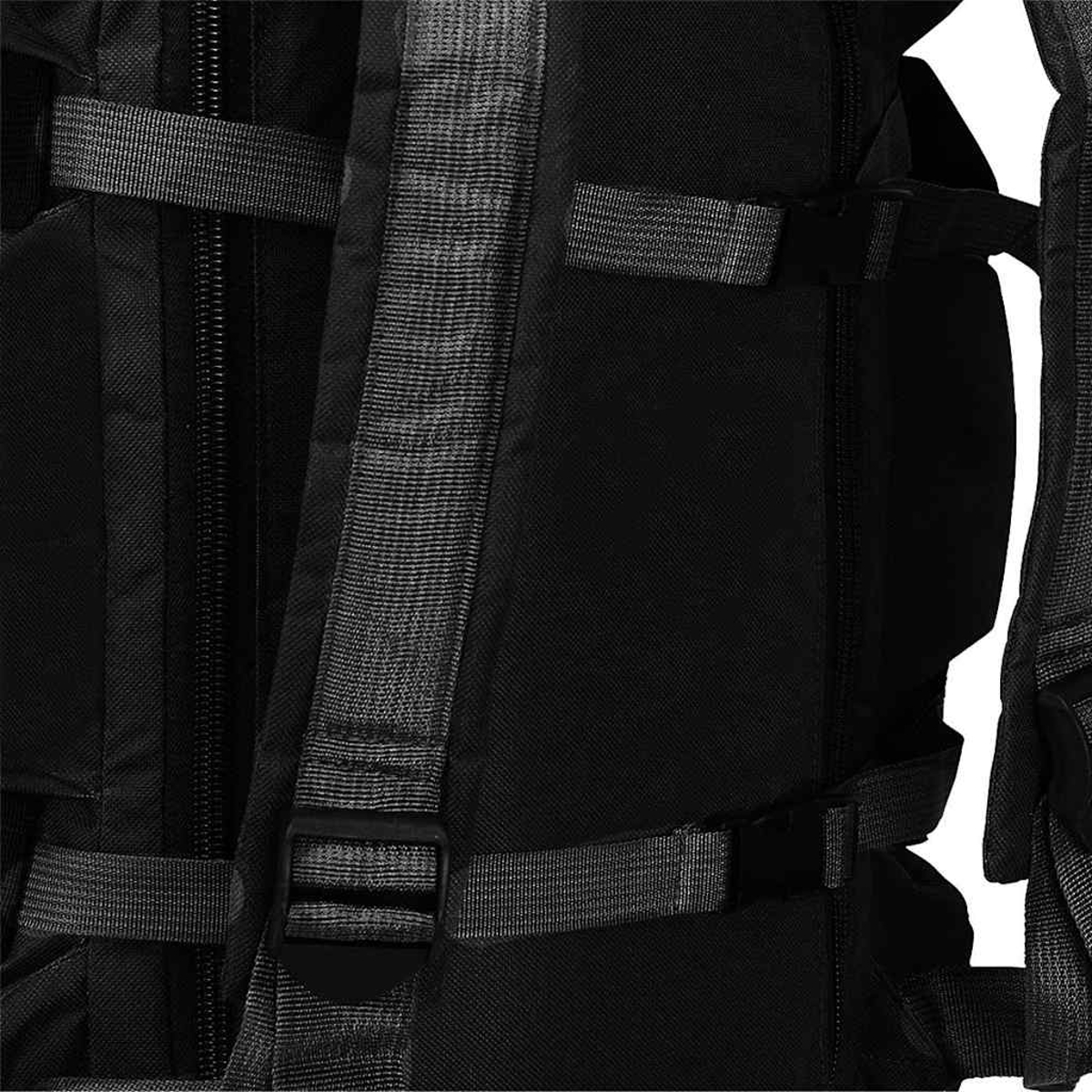 Nahaufnahme eines schwarzen Rucksacks mit grauen Gurten und Schnallen.