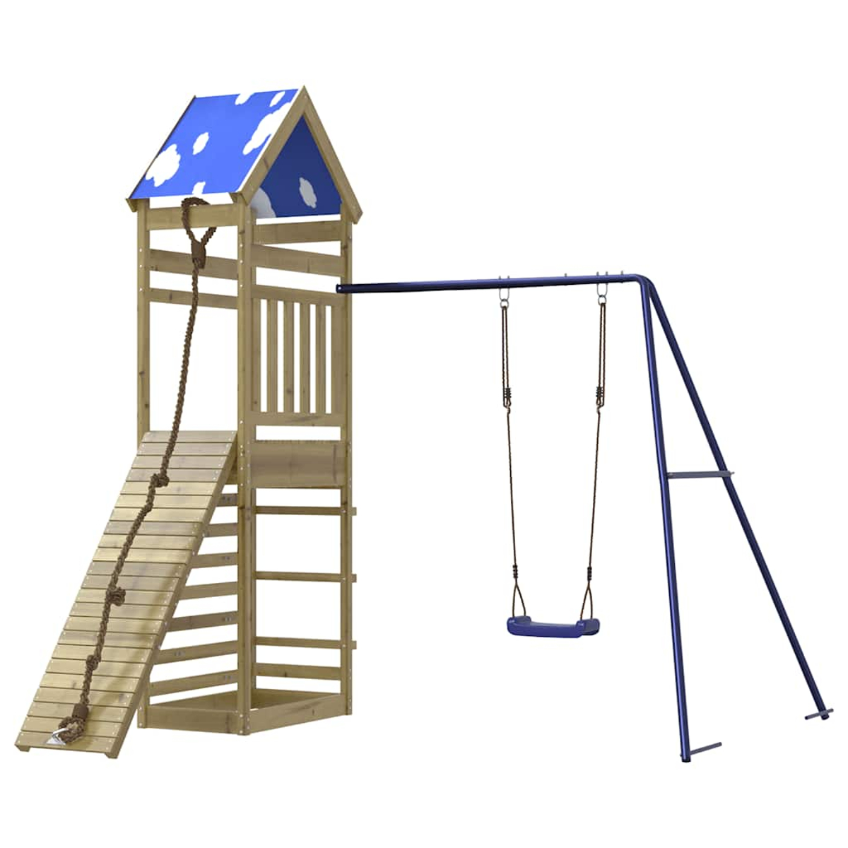 Torre giochi in legno con scala, scivolo e altalena. Tetto blu con nuvole.