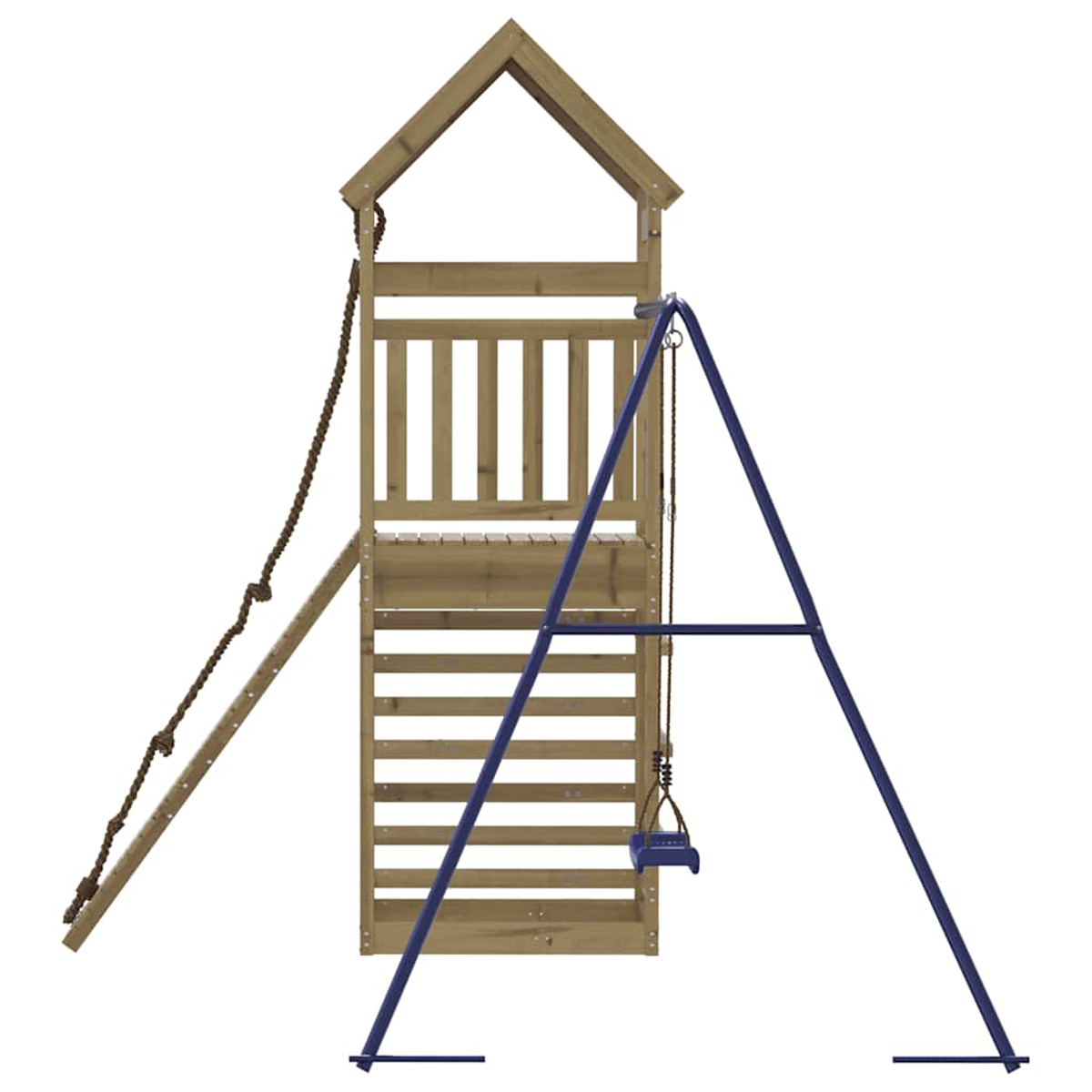 Struttura giochi in legno con scala, corda e altalena blu su sfondo bianco.