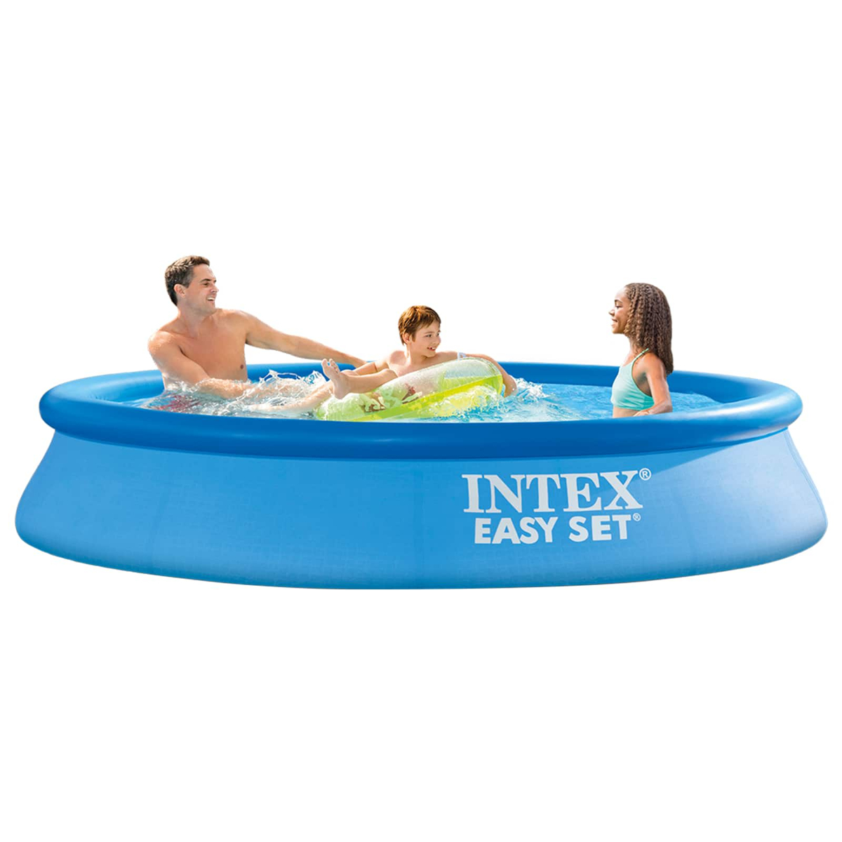 Familie planscht im runden, blauen Intex-Pool mit aufblasbarem Ring.