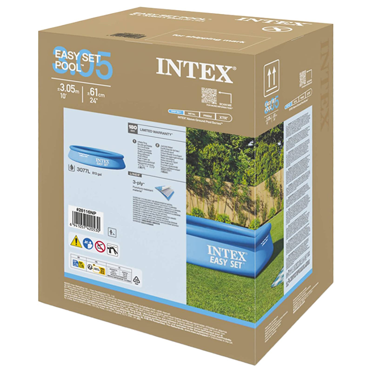 Der Karton zeigt einen aufblasbaren Pool von Intex mit Maßangaben und Warnsymbolen.