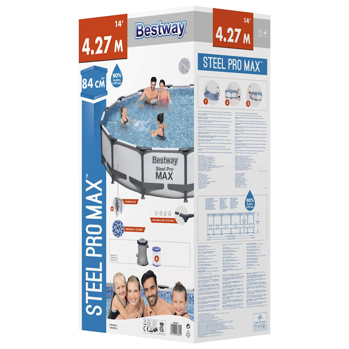 Verpackung eines Bestway Steel Pro Max Pools mit Familie und Pool-Details.