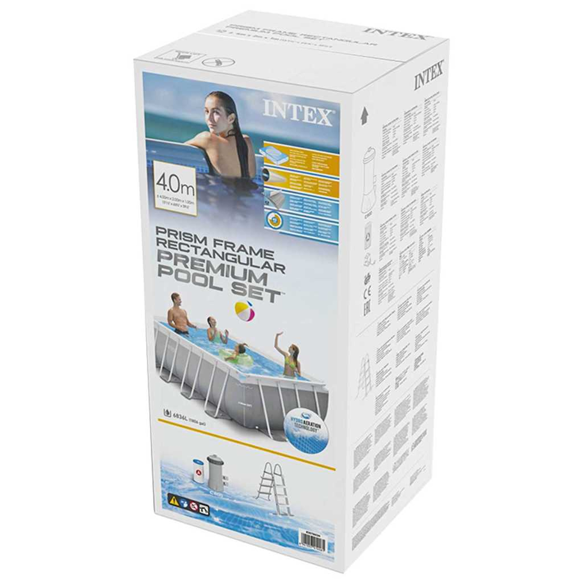 Verpackung eines rechteckigen Intex-Pools mit Familie im Wasser.