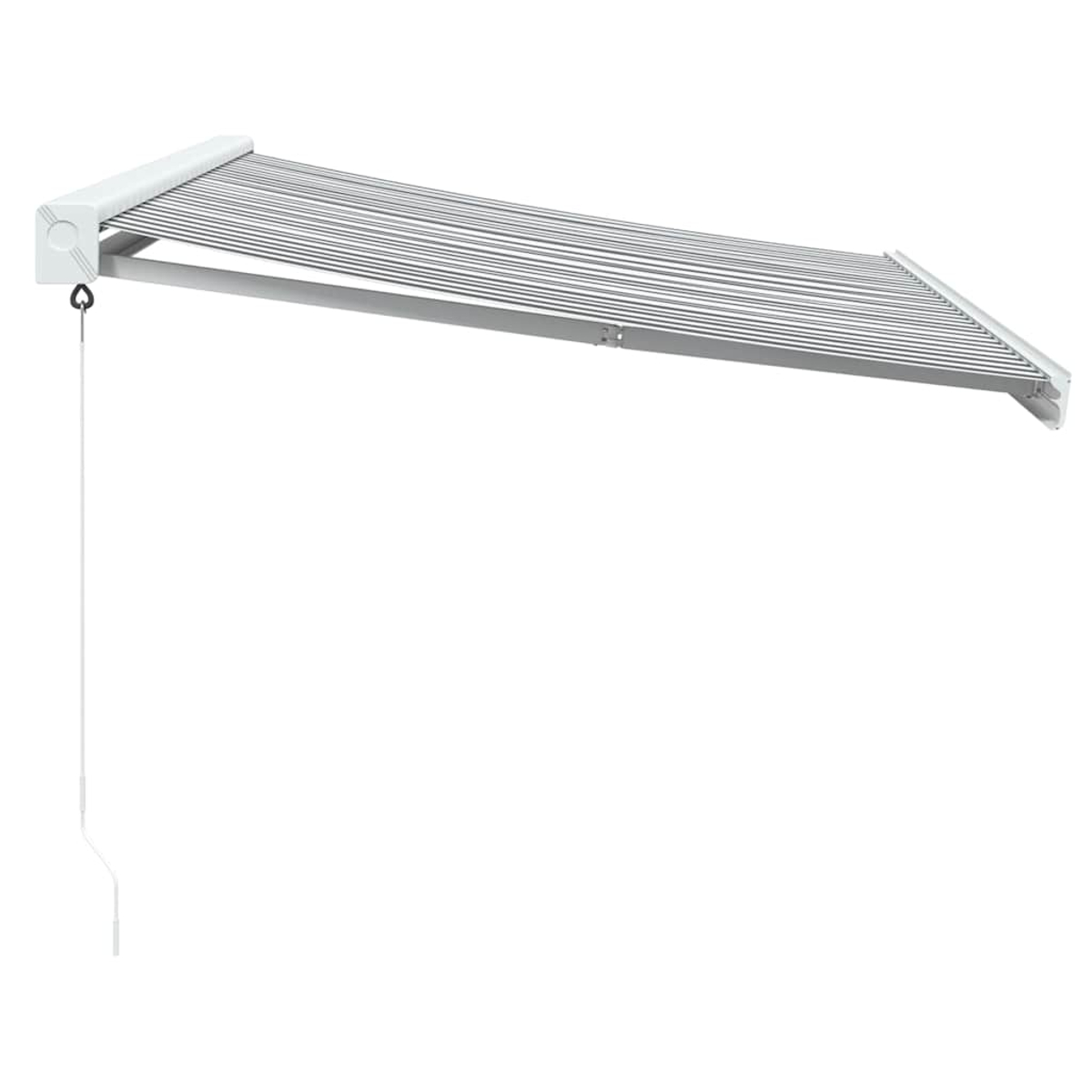 Una tenda da sole bianca retrattile con sottili linee grigie, estesa da un cordone bianco.