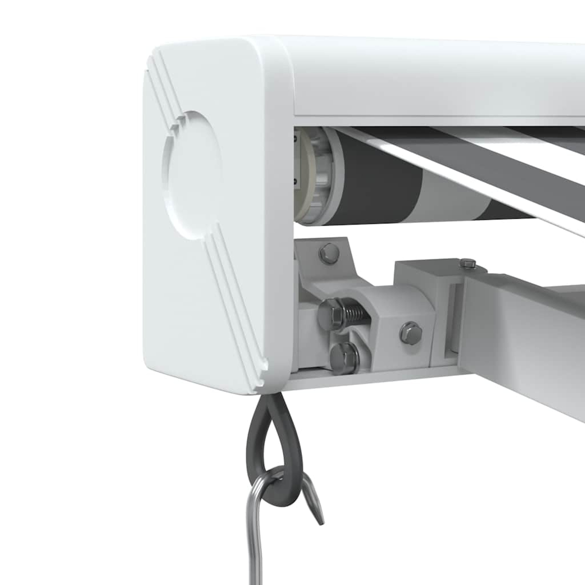 Primo piano di un meccanismo di tenda da sole bianco con un gancio.