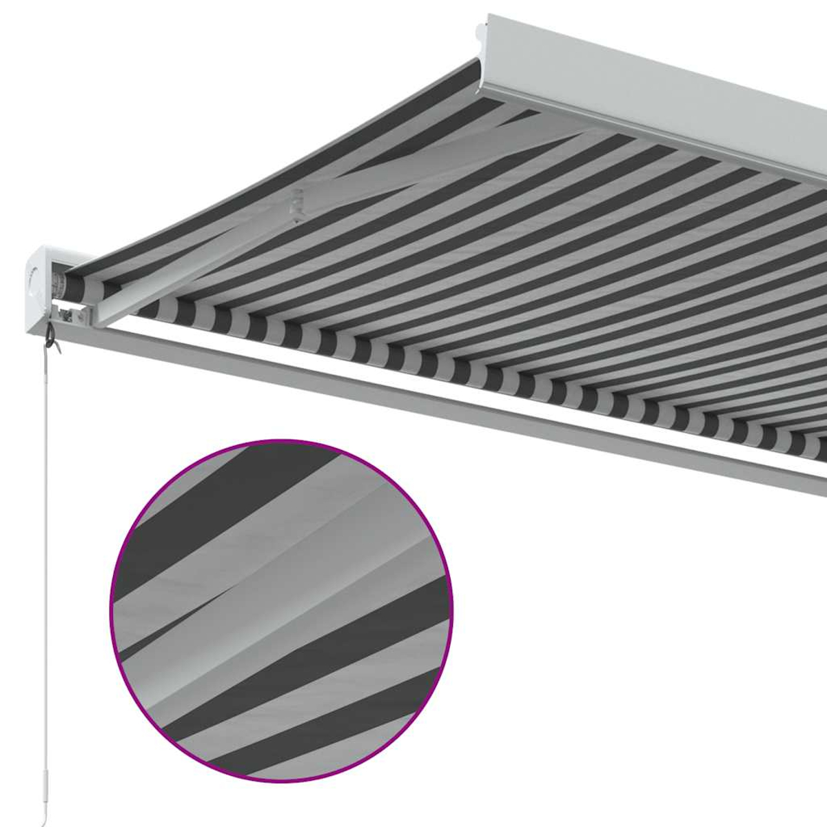 Tessuto per tenda da sole retrattile con strisce grigie e nere.