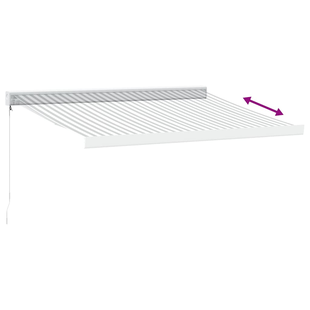 Un tessuto per tenda da sole retrattile con strisce bianche e grigie su un alloggiamento bianco.