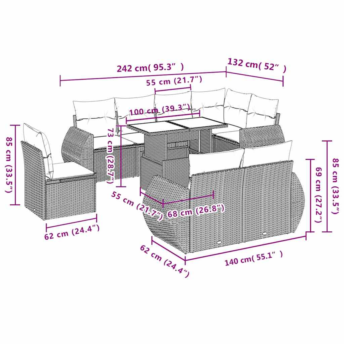 Geflecht-Gartenmöbel-Set mit Tisch, Ecksofa, Sofa und Sessel, Maße sind angegeben.