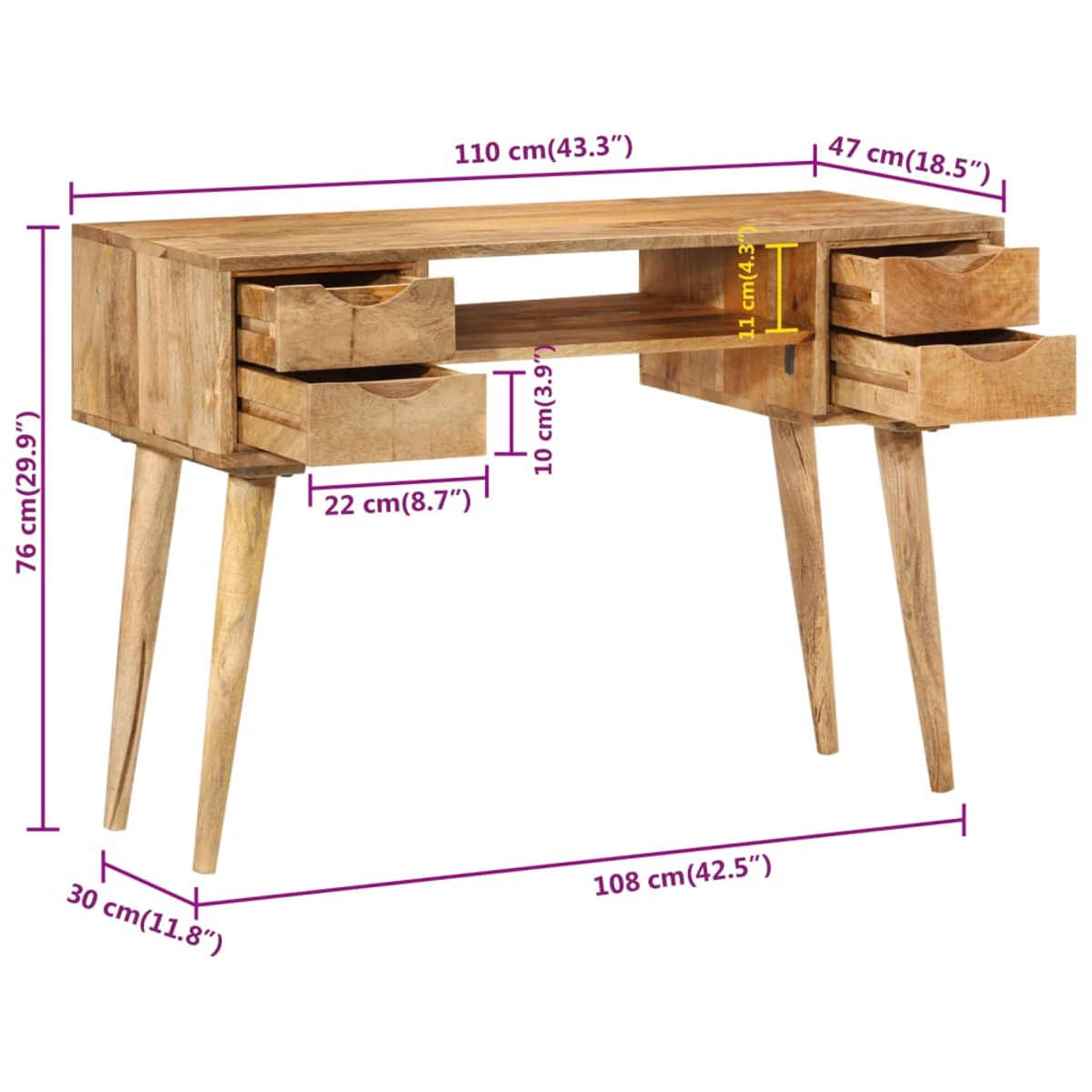 Holzschreibtisch mit vier Schubladen und schrägen Beinen. Maße beschriftet.