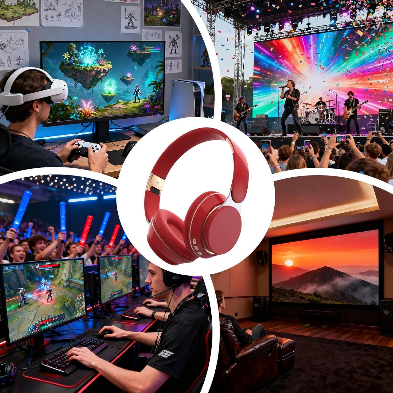Kolaż z grami VR, koncertem, e-sportem i kinem domowym ze słuchawkami w centrum.