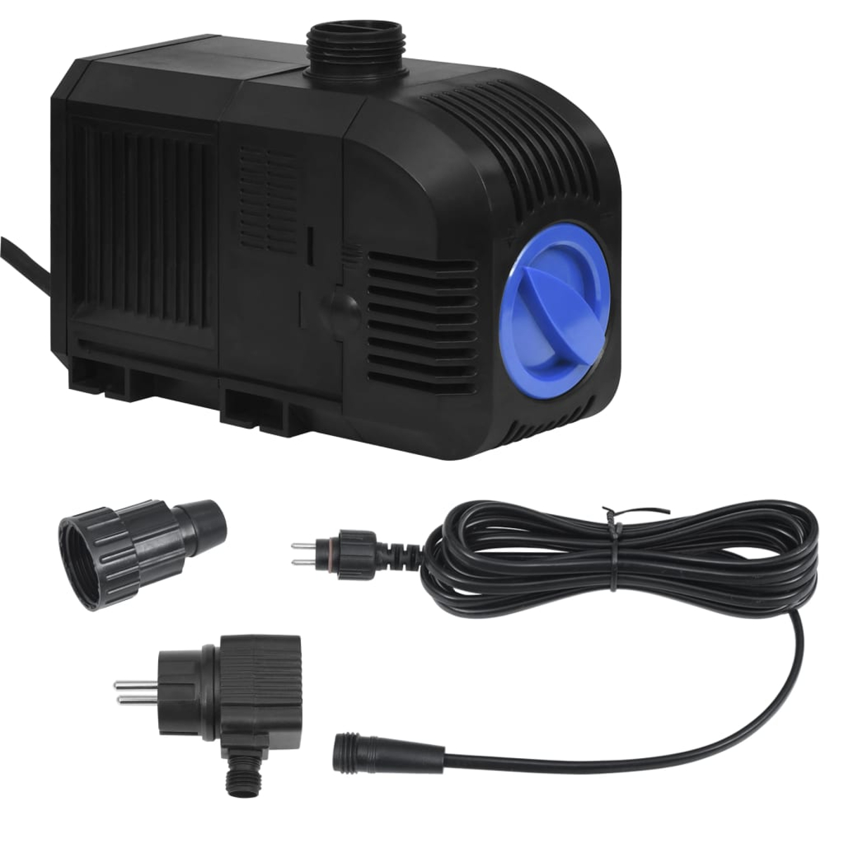 Schwarze Wasserpumpe mit blauen Akzenten und Zubehör: Kabel, Stecker, Schlauchadapter.