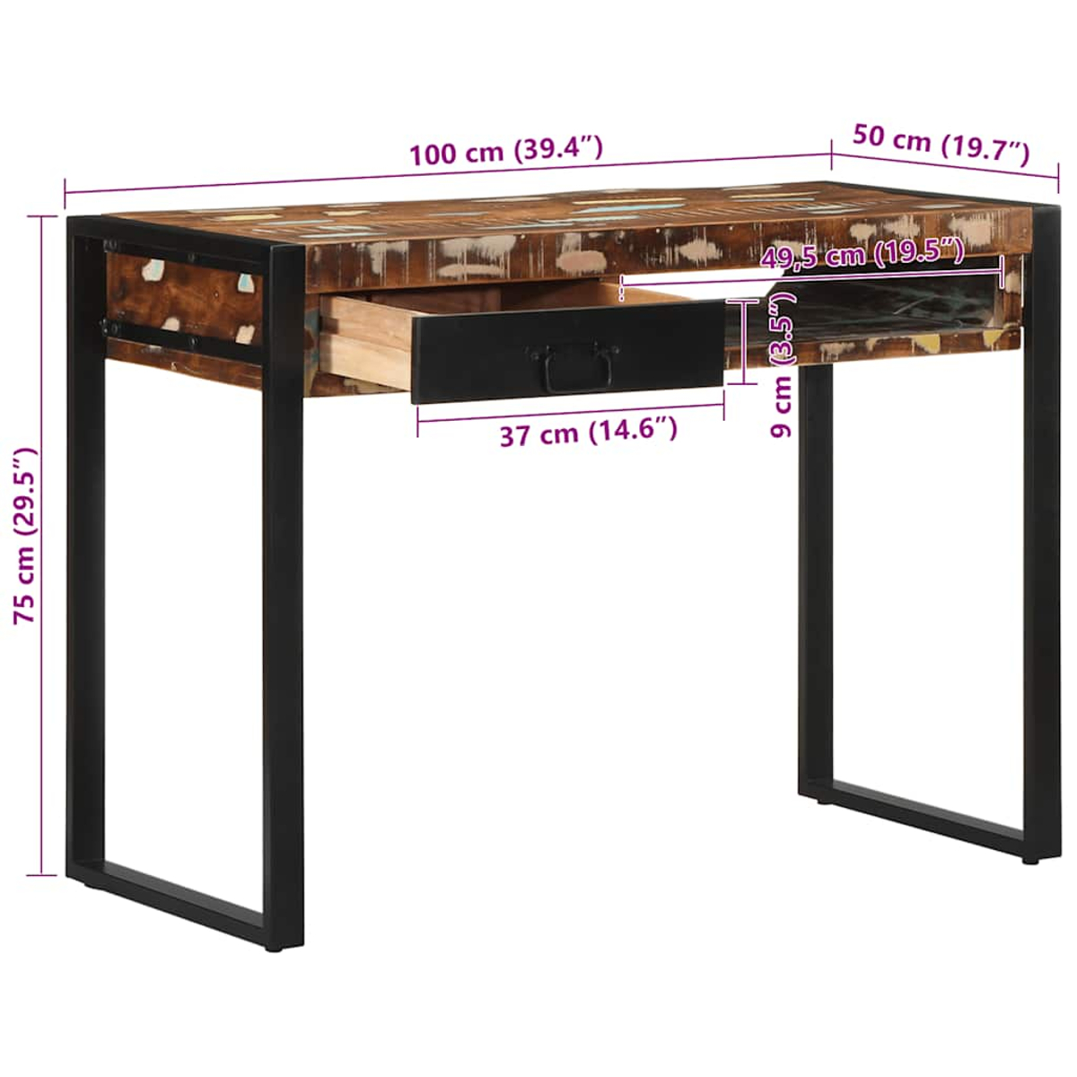 Ein rustikaler Schreibtisch aus Holz mit schwarzen Metallbeinen. Eine Schublade ist offen.