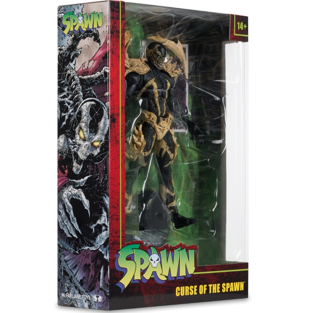 Spawn-Actionfigur in Verpackung, schwarz-goldener Anzug, Totenkopfmaske, 14+.