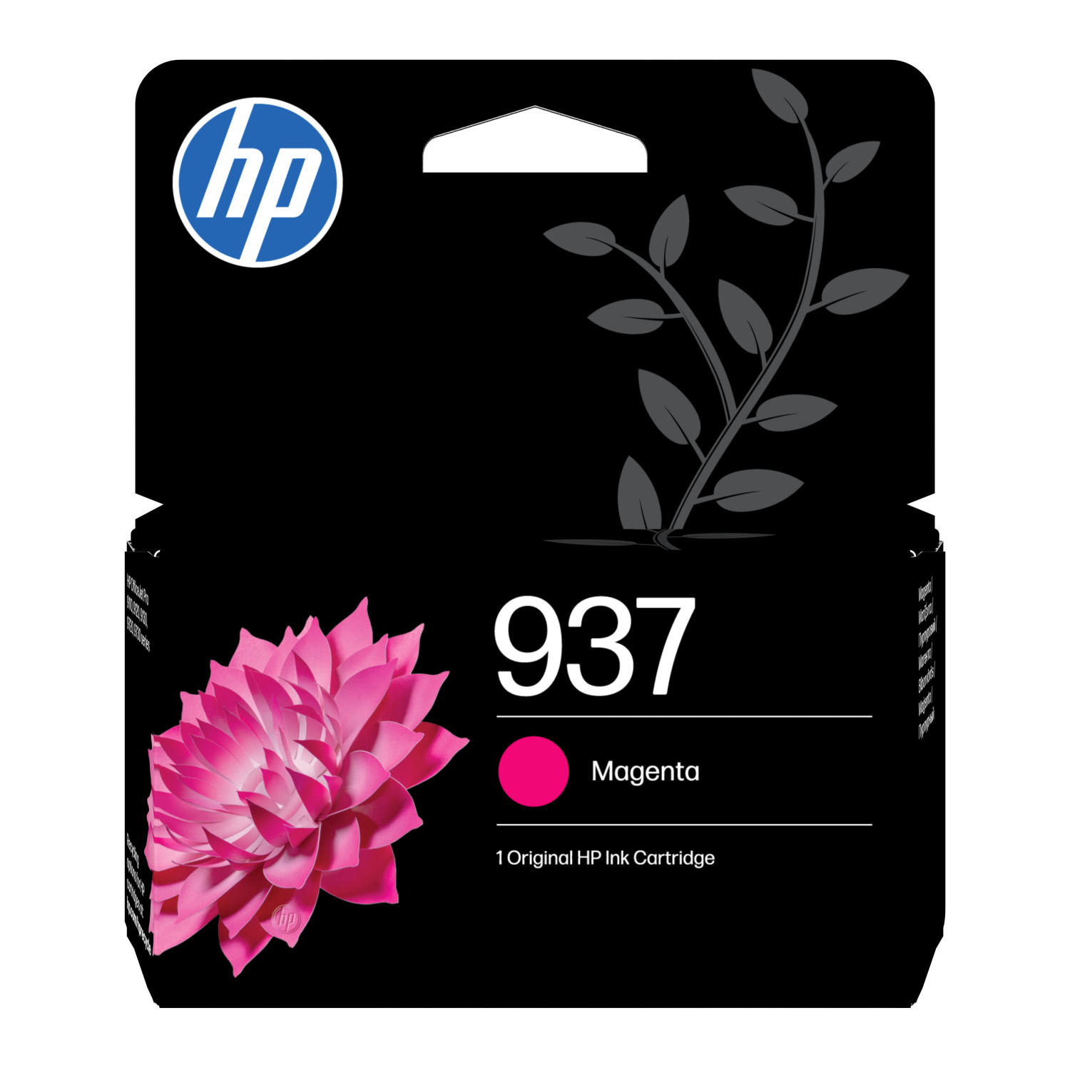 Cartucho de tinta original HP 937 Magenta con flor rosa y follaje.