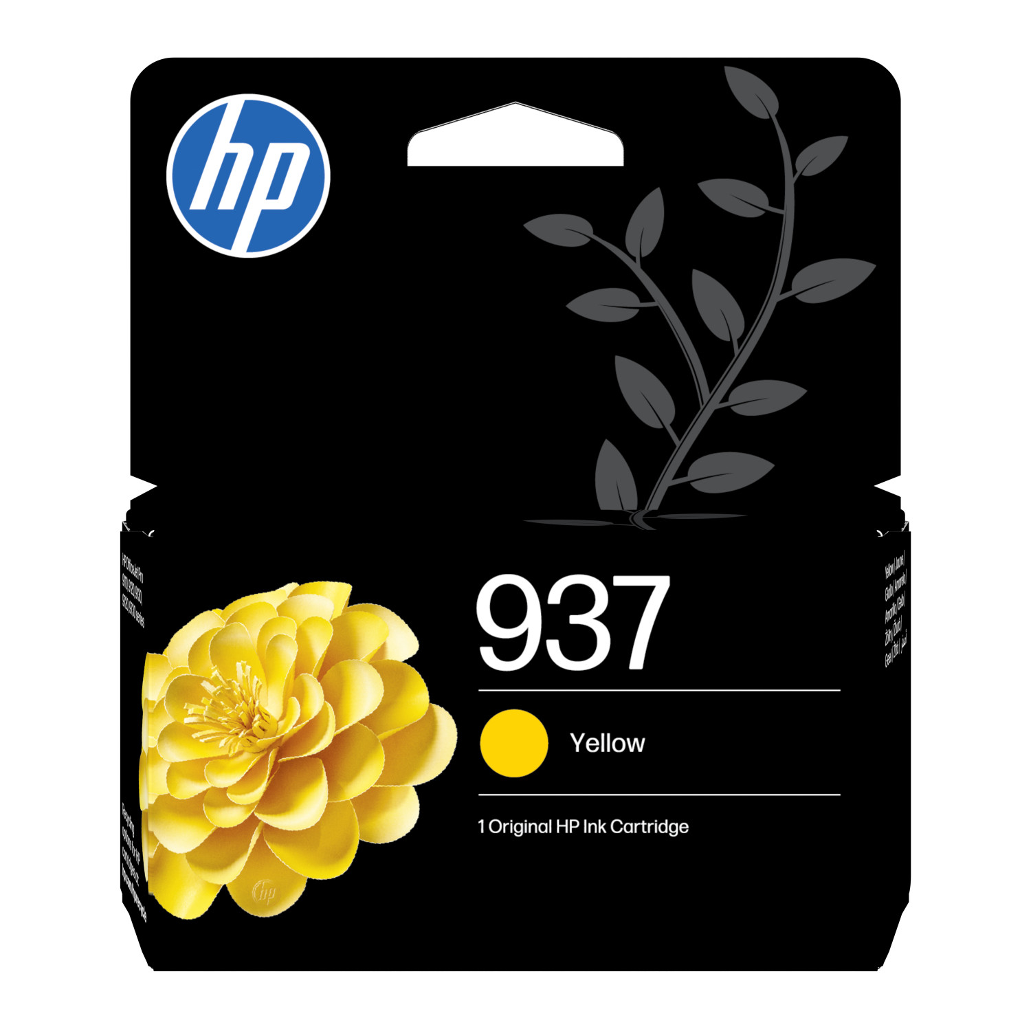 Cartucho de tinta HP 937 amarillo con diseño floral y logo HP.