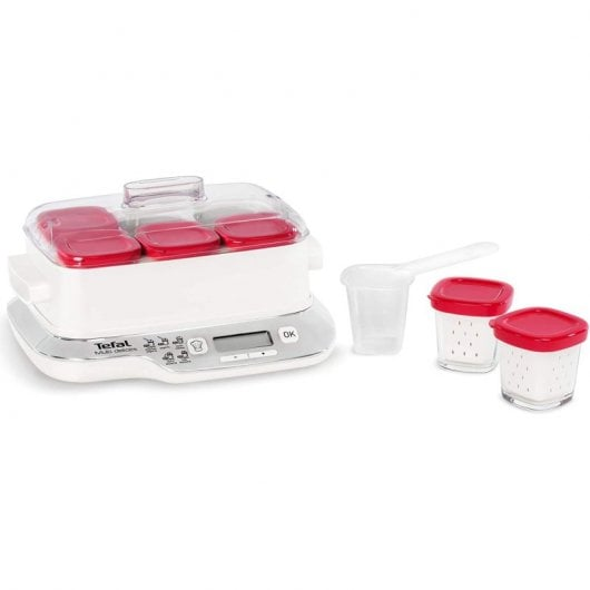 Yogurtera Tefal blanca con cuatro recipientes rojos, cazo y dos tarros.