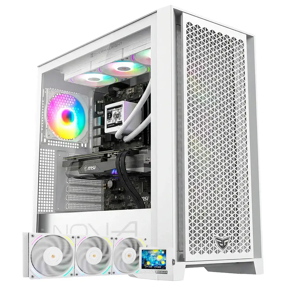 Una caja de PC blanca con ventiladores RGB, tarjeta gráfica y refrigeración líquida.