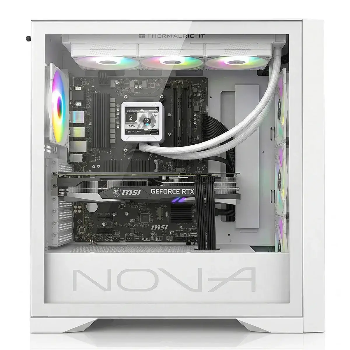 Una caja de PC blanca con ventiladores RGB, tarjeta gráfica y refrigeración de CPU.