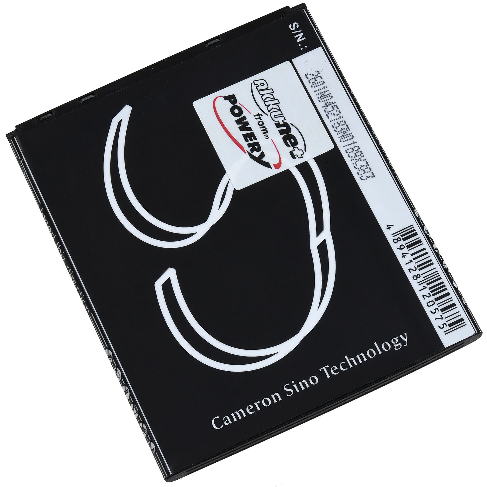 Batería negra con logo blanco y código de barras. Cameron Sino Technology.