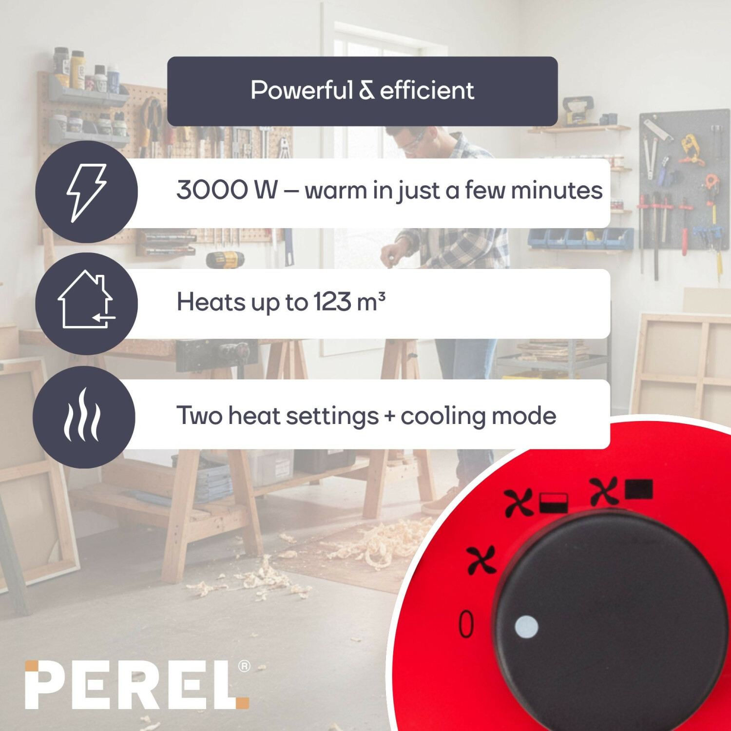 Potente ed efficiente: 3000W, riscalda fino a 123m³, 2 impostazioni calore + modalità freddo.