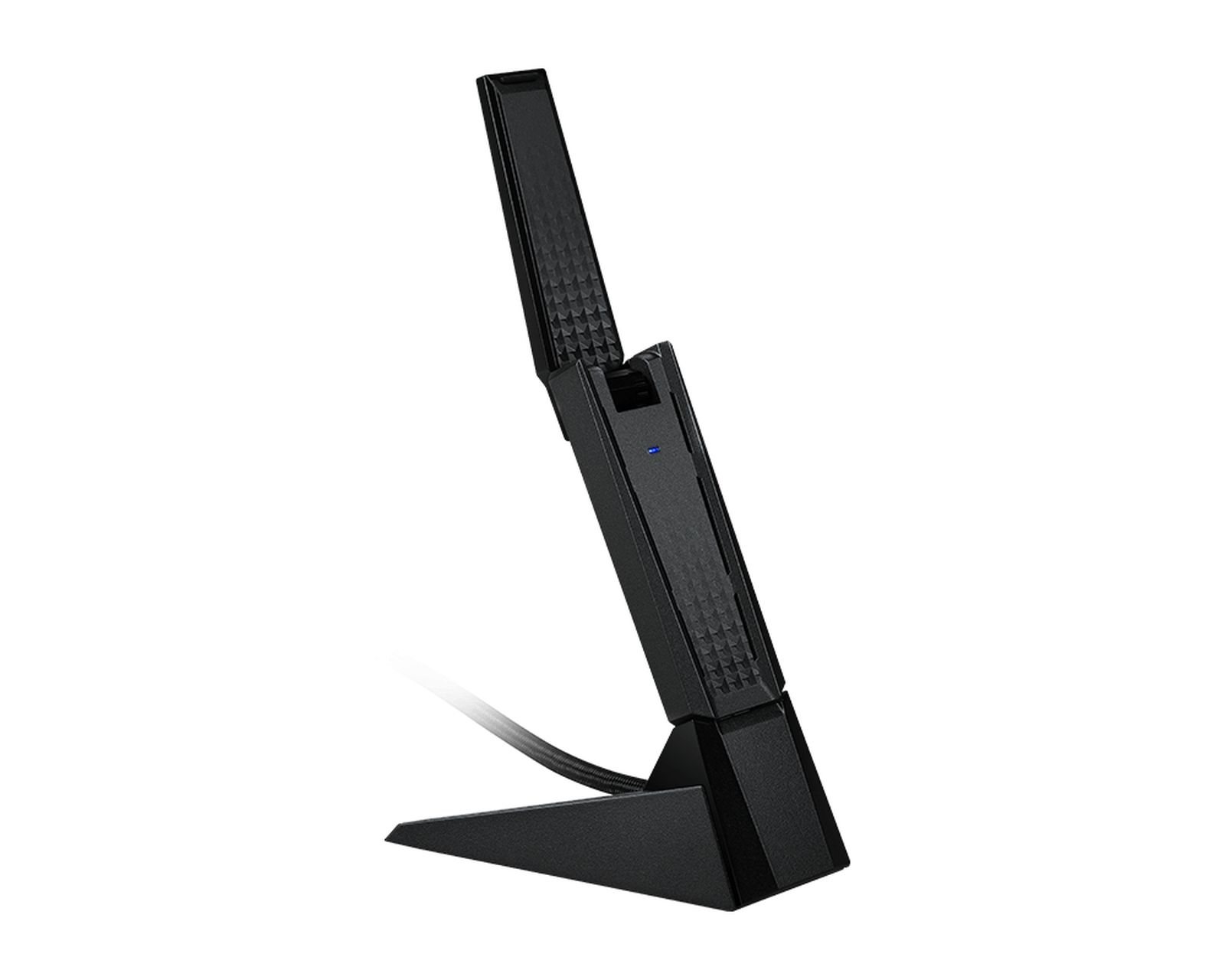 A black, upright Wi-Fi adapter with a blue light and a cable attached.