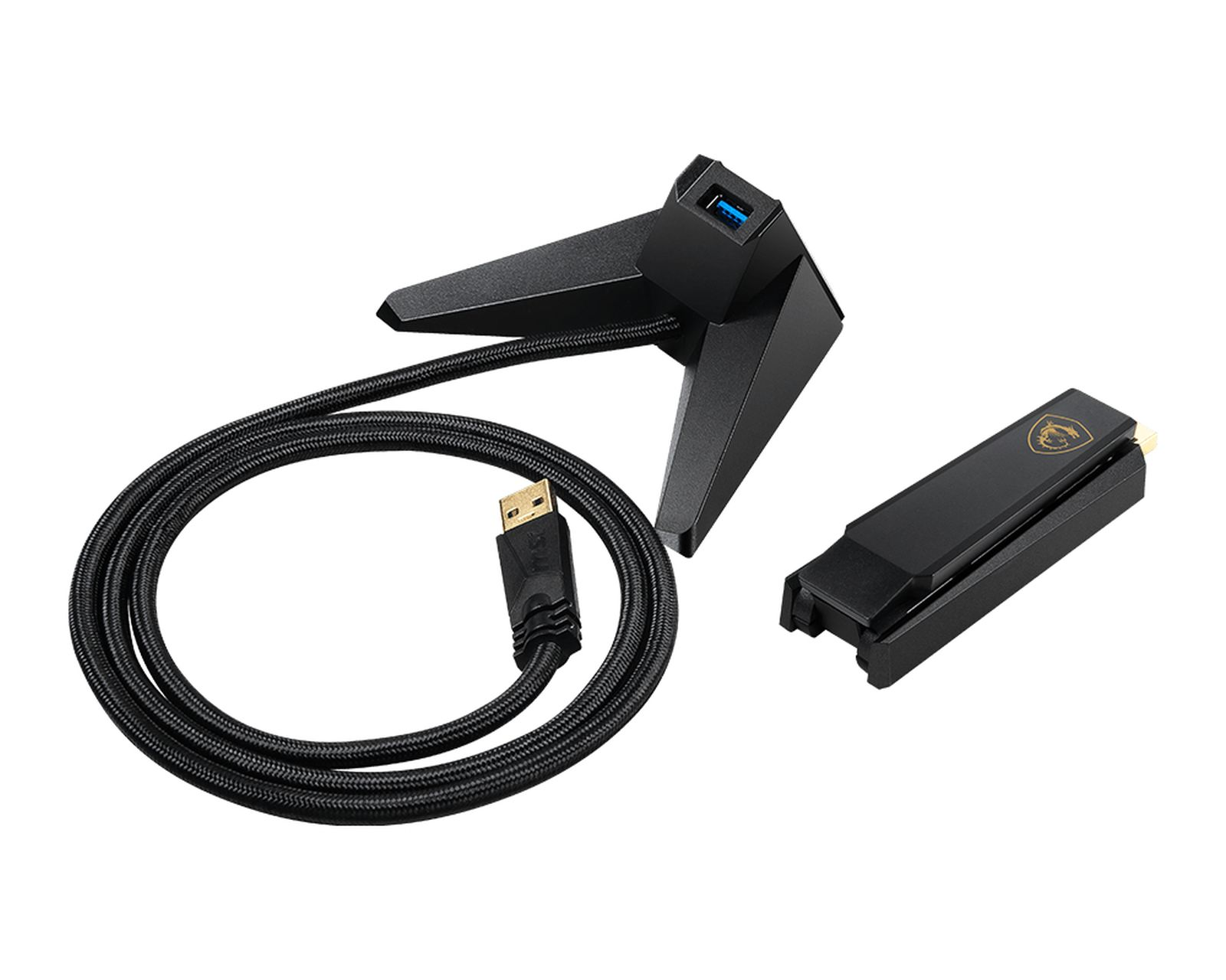 Black USB hub stand with a USB cable and a dragon logo dongle.