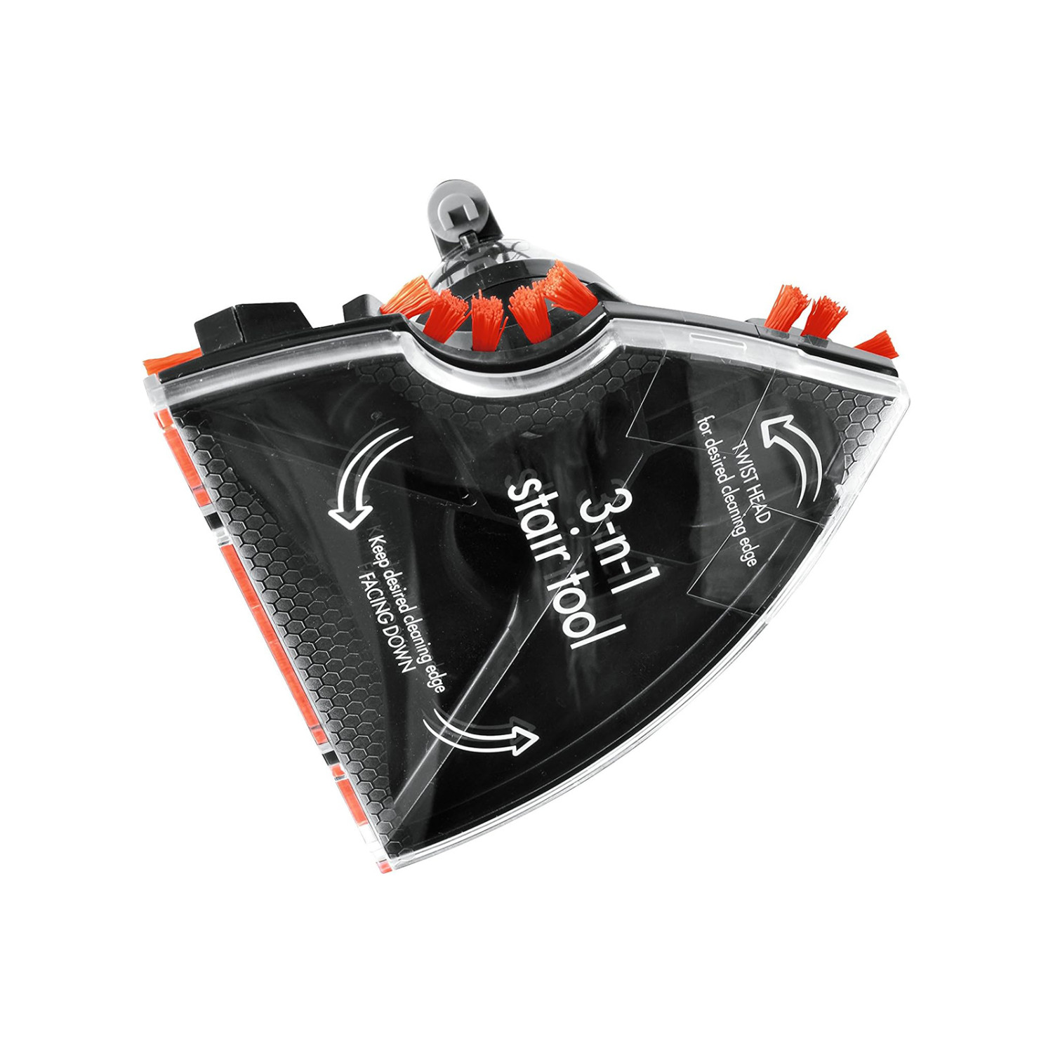 Schwarzes 3-in-1 Treppentool mit orangen Bürsten und Anleitung.