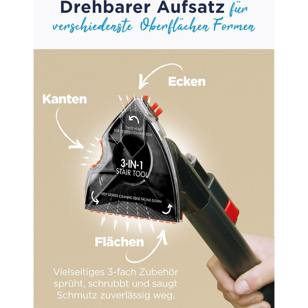 Ein drehbarer 3-in-1 Stair Tool Aufsatz für die Reinigung von Kanten, Ecken und Flächen.