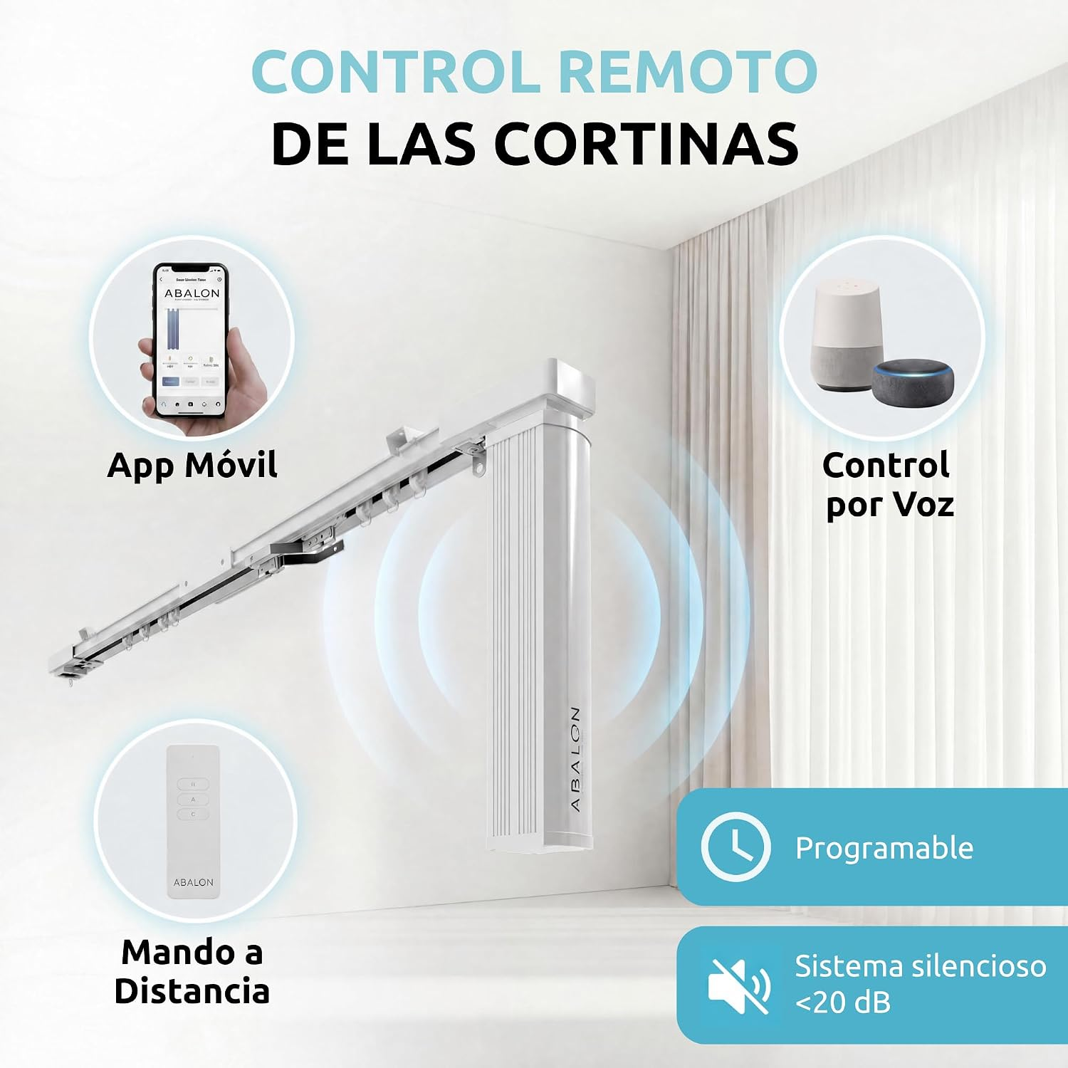 Imagen muestra control remoto de cortinas con app, mando y control por voz.