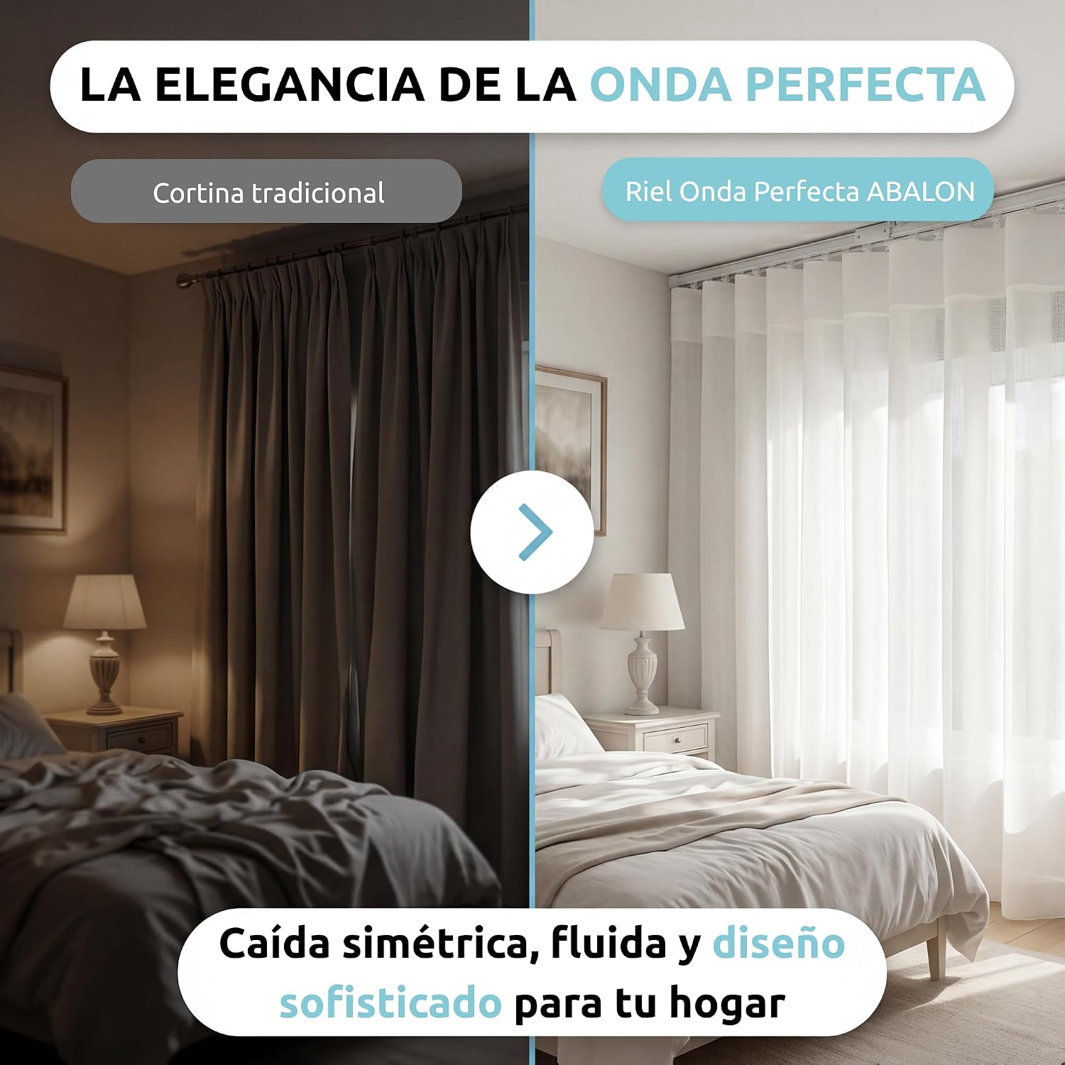 Imagen dividida: Izquierda cortinas grises tradicionales, derecha cortinas blancas translúcidas.