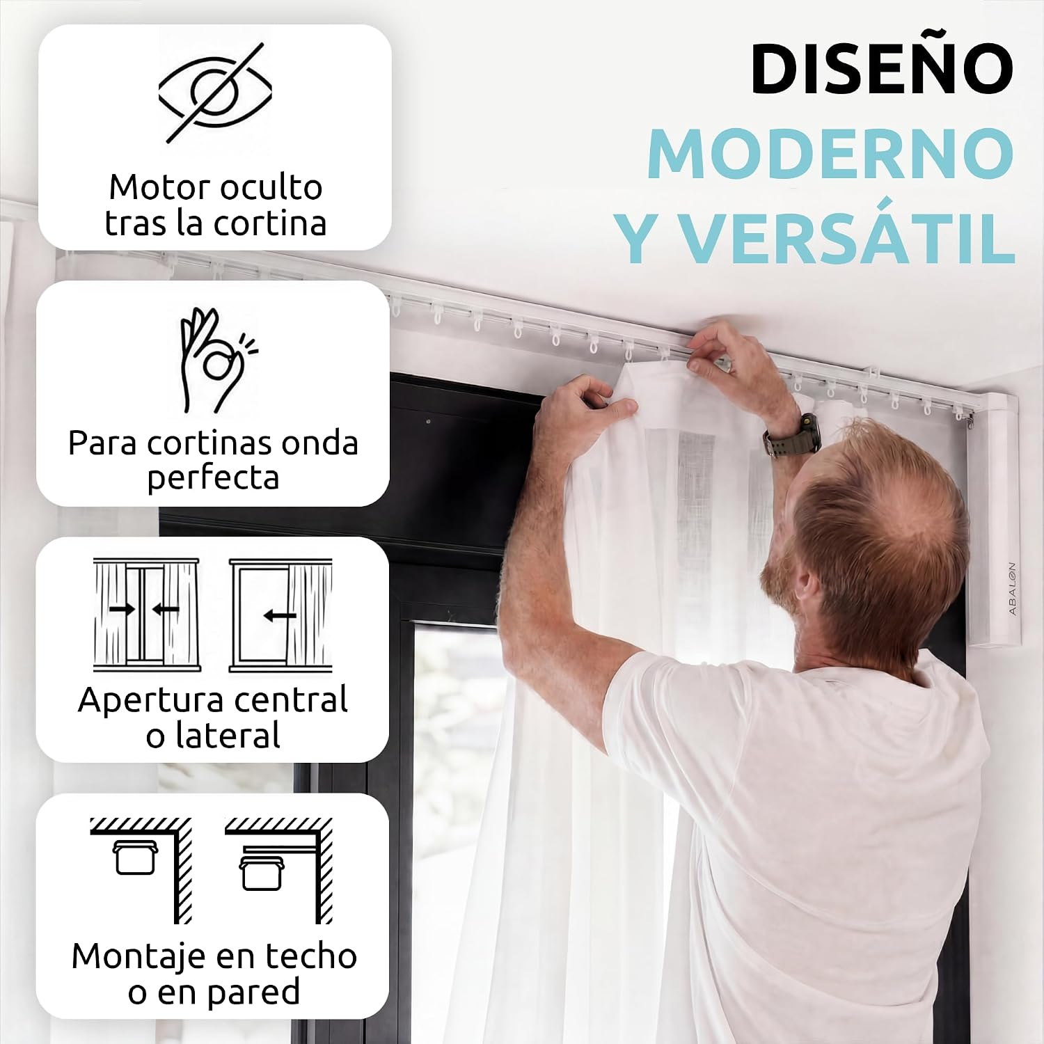 Hombre instalando una cortina con diseño moderno.