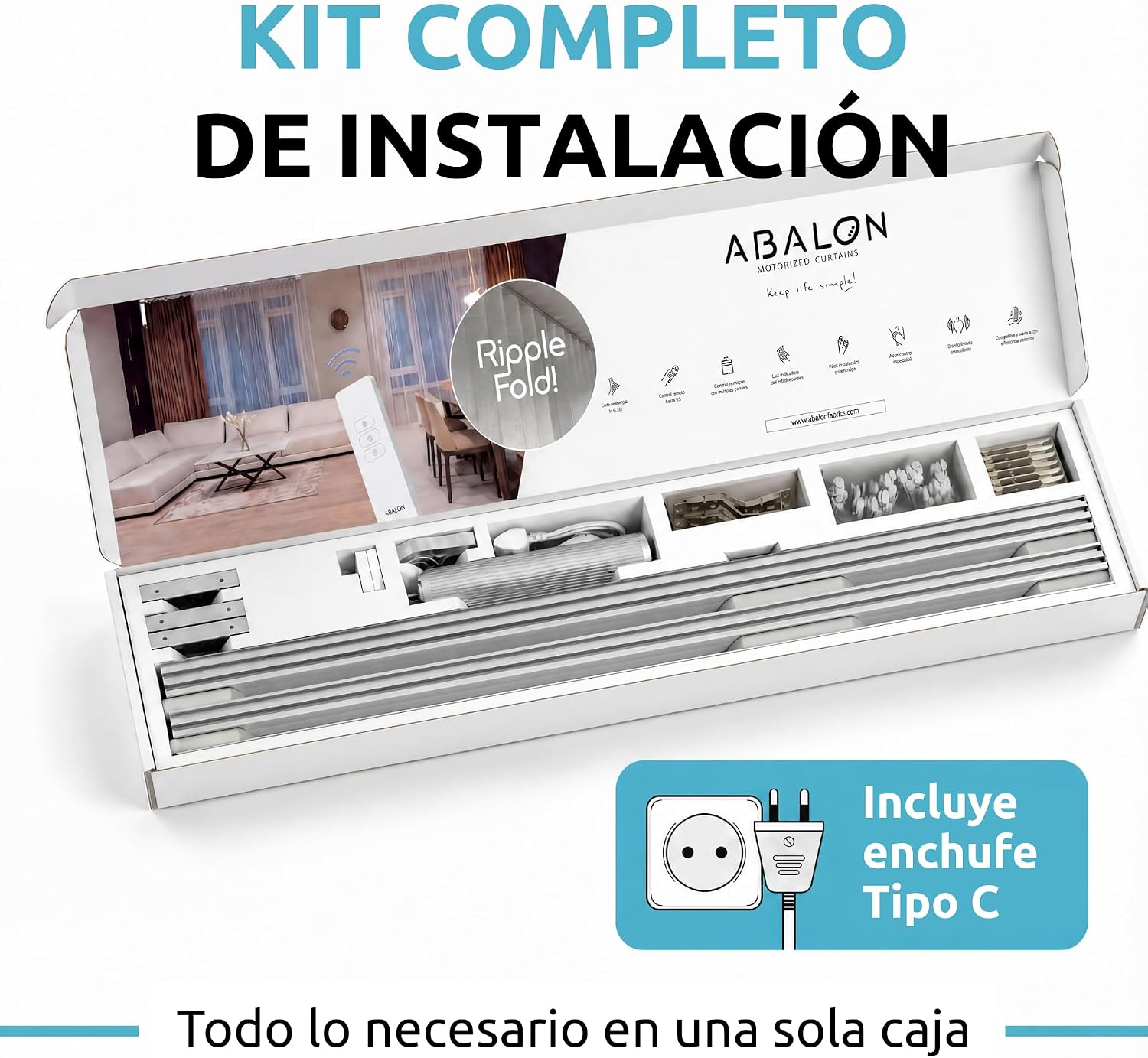 Kit de instalación Abalon Cortinas Motorizadas con mando y accesorios en una caja.