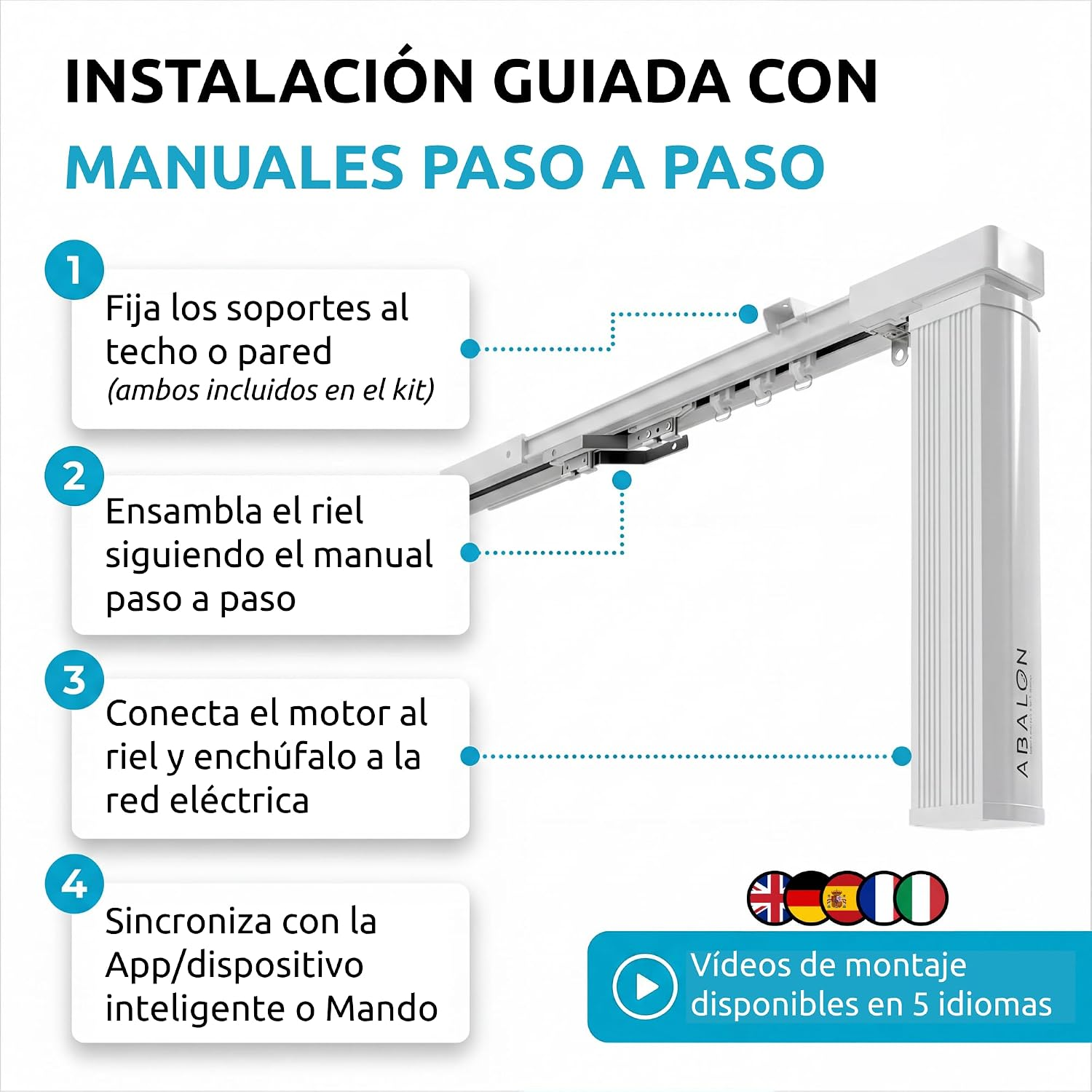 Guía para instalar un motor de riel en 4 pasos, con banderas de idiomas.