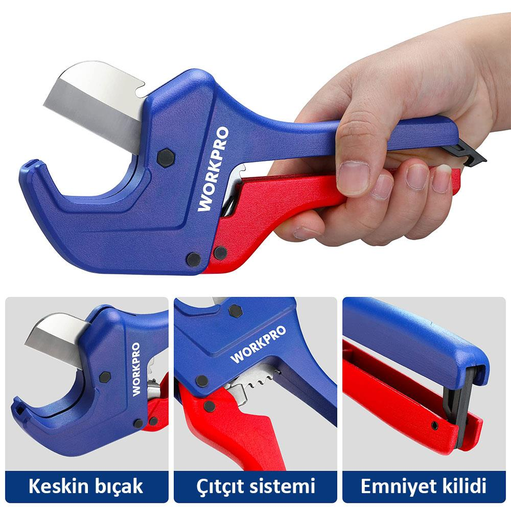 Keskin bıçaklı mavi ve kırmızı boru kesici, mandallı mekanizma.