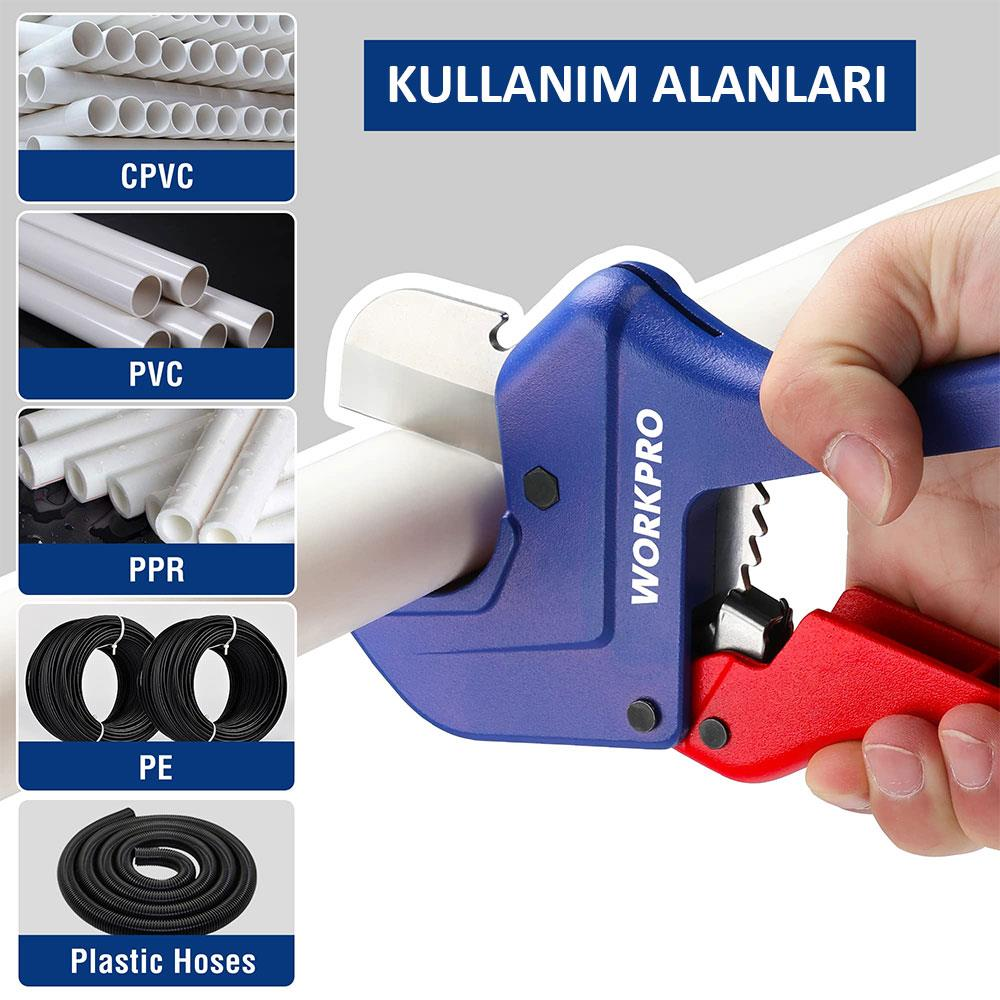 Bir el, beyaz bir boruyu kesmek için mavi bir boru kesici kullanıyor. Çeşitli borular gösteriliyor.