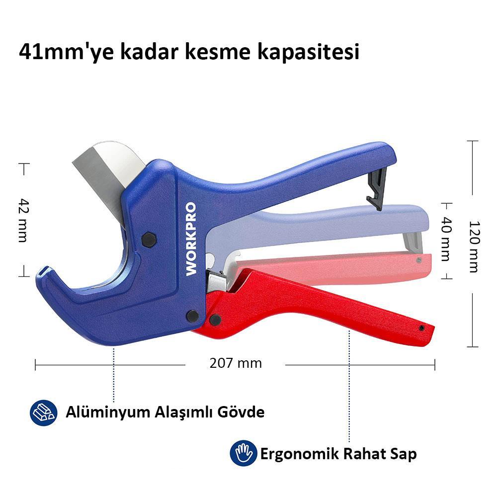 Mavi saplı boru kesici, 41mm kapasite, 207mm uzunluk.