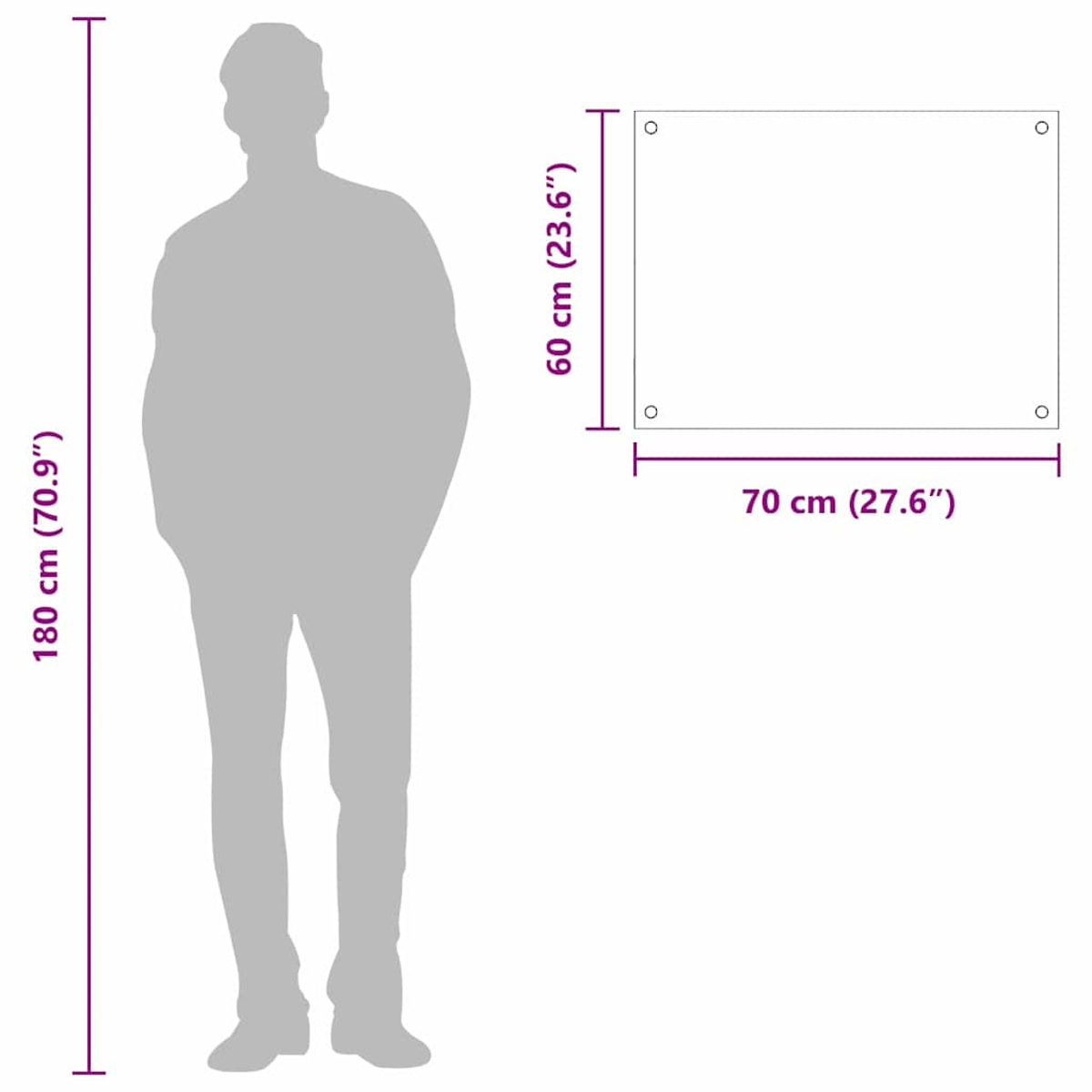 Silhouette einer Person, 180 cm groß, neben einem 70x60 cm großen Rechteck.