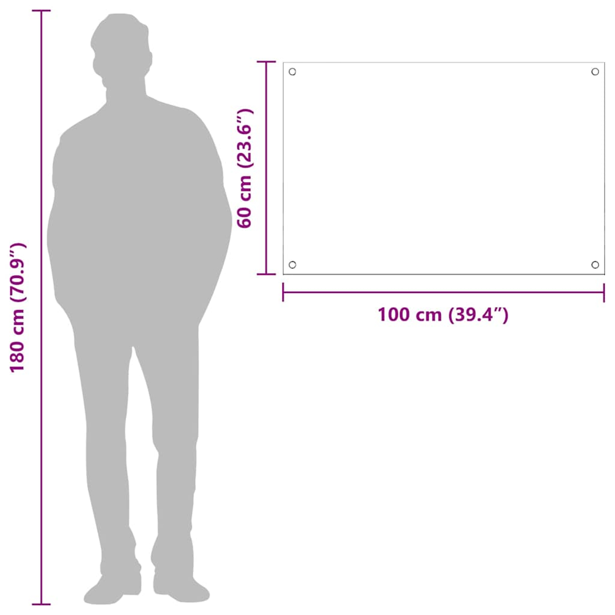 Ein Mann (180 cm) neben einem Rechteck (100x60 cm) mit Maßen.