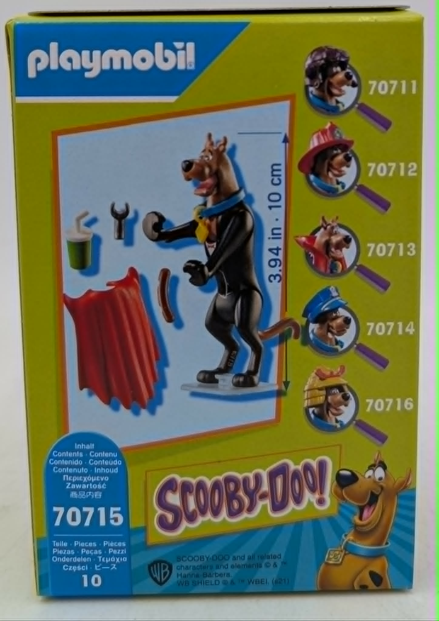 Scatola Playmobil Scooby-Doo con figura e accessori, mostrate varie versioni.
