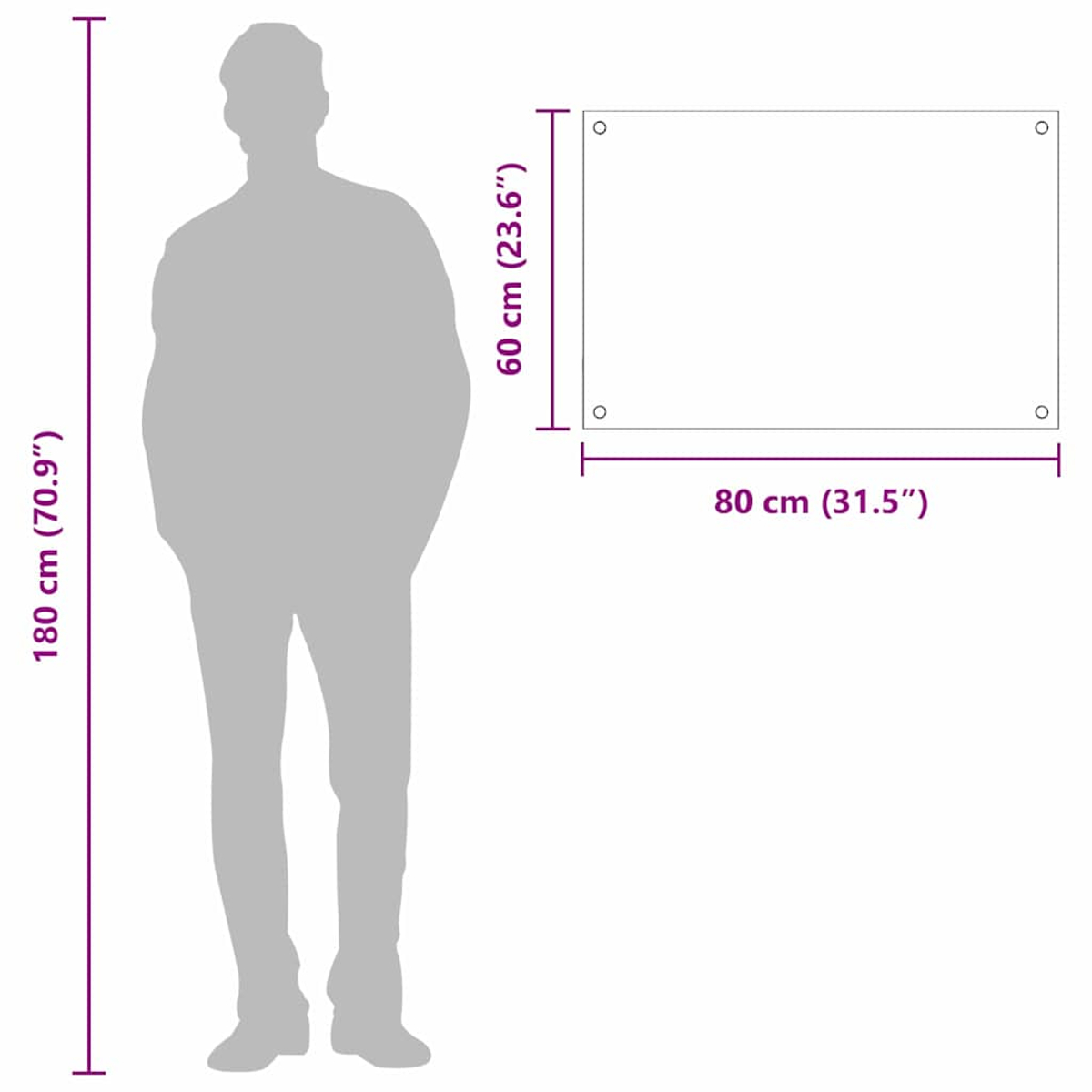 Ein Mann (180 cm) steht neben einer Tafel (80x60 cm).
