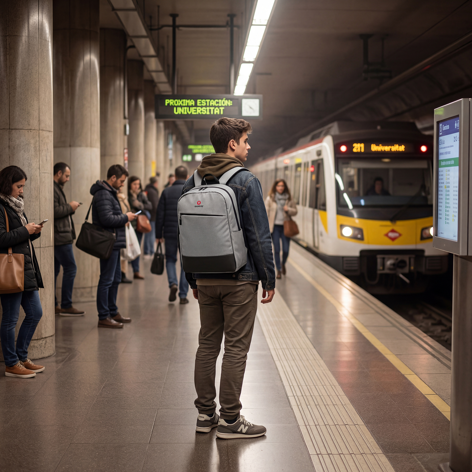 Un hombre con mochila espera el tren en un andén de metro.