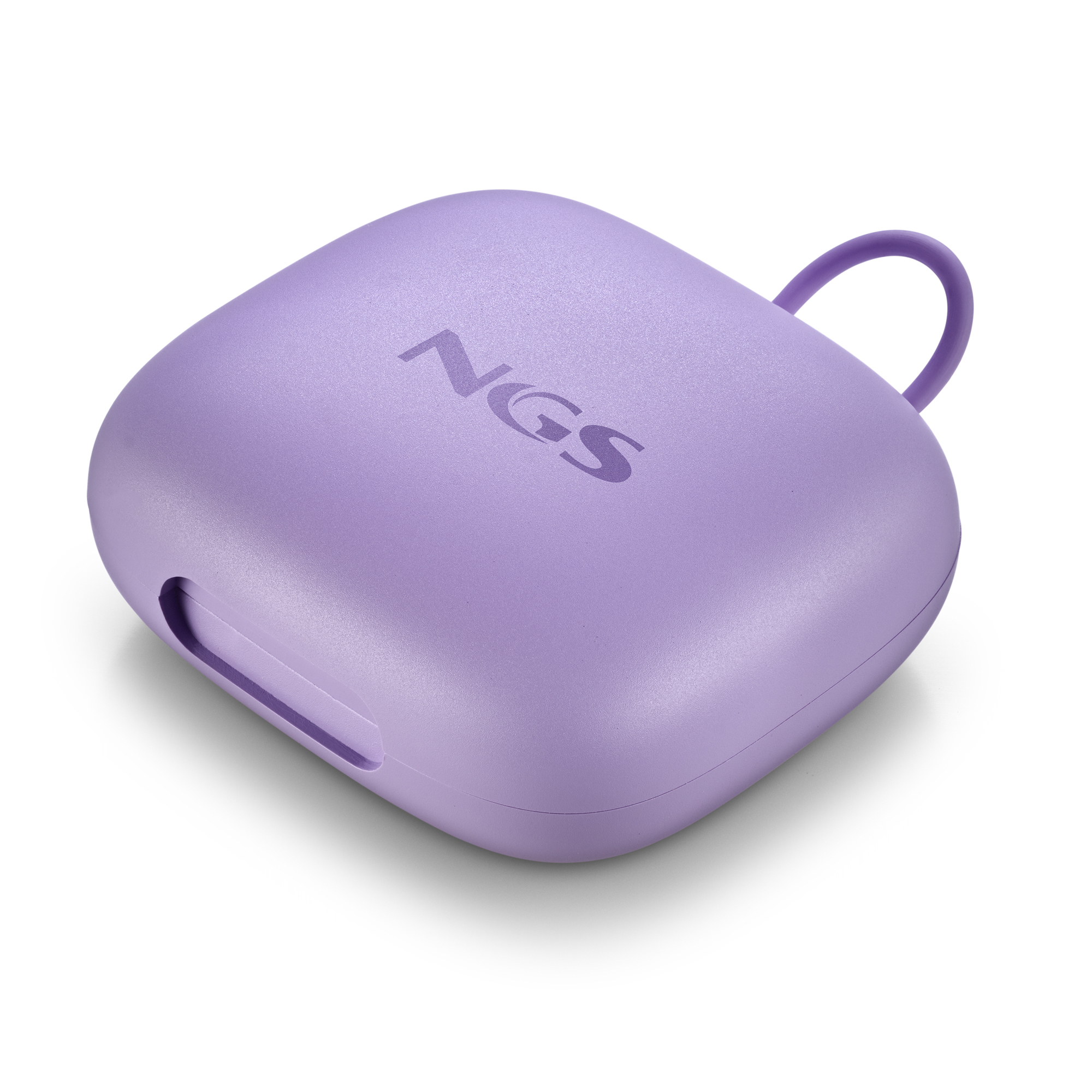 Custodia di ricarica NGS viola con anello, su sfondo bianco.