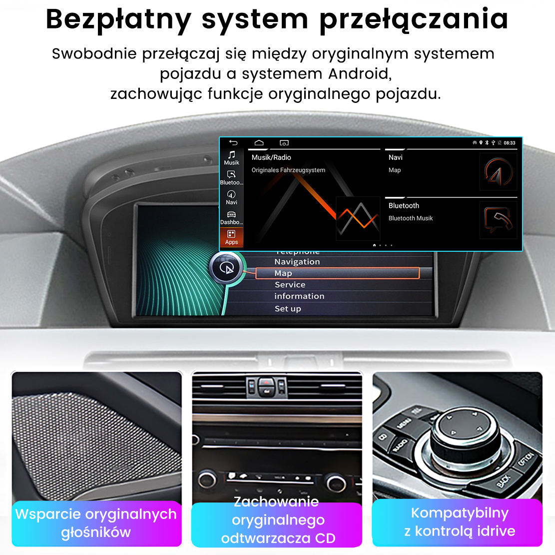 Samochodowy system multimedialny wyświetlający opcje nawigacji i muzyki.