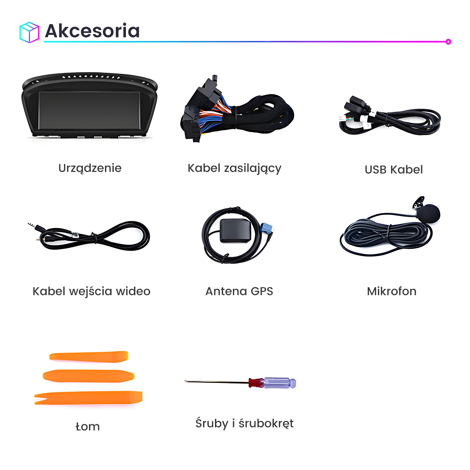 Urządzenie, kabel zasilający, kabel USB, kabel wejścia wideo, antena GPS, mikrofon, łom, śruby i śrubokręt.