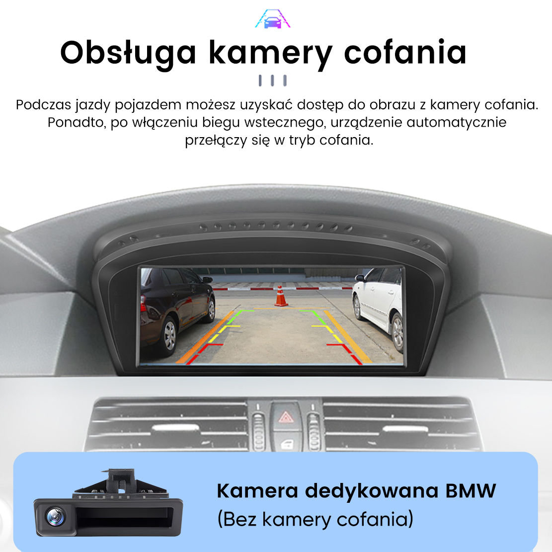 Ekran samochodu pokazuje widok kamery cofania z dwoma samochodami i liniami.