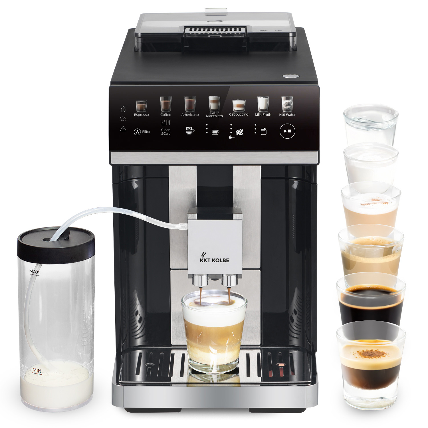 Eine schwarze Kaffeemaschine mit Touchscreen und Milchschaumbehälter, die Kaffee zubereitet.